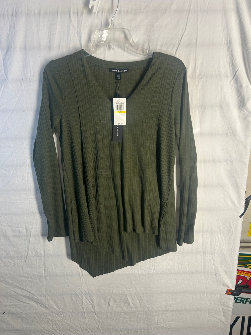 Cable & Gauge Olive Green Ribbed V-Neck Long Sleeve Top
